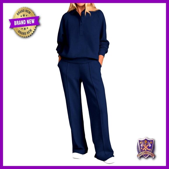 Pants - Quarter Button Sweatshirt Wide Leg Pants Lounge Set Tracksuit Cozy Chic